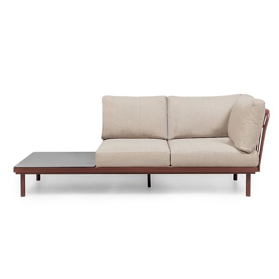 Ogrodowa narożna sofa ze stolikiem Amarello, aluminiowa, pleciona, jasnobeżowa/bordowa