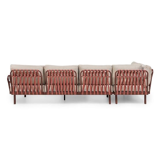Ogrodowa narożna sofa ze stolikiem Amarello, aluminiowa, pleciona, jasnobeżowa/bordowa