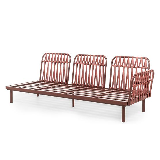 Ogrodowa narożna sofa ze stolikiem Amarello, aluminiowa, pleciona, jasnobeżowa/bordowa