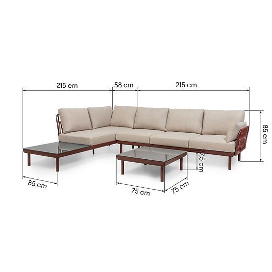 Ogrodowa narożna sofa ze stolikiem Amarello, aluminiowa, pleciona, jasnobeżowa/bordowa