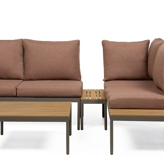 Ogrodowa narożna sofa ze stolikiem Lugi, polywood, mokka/szary
