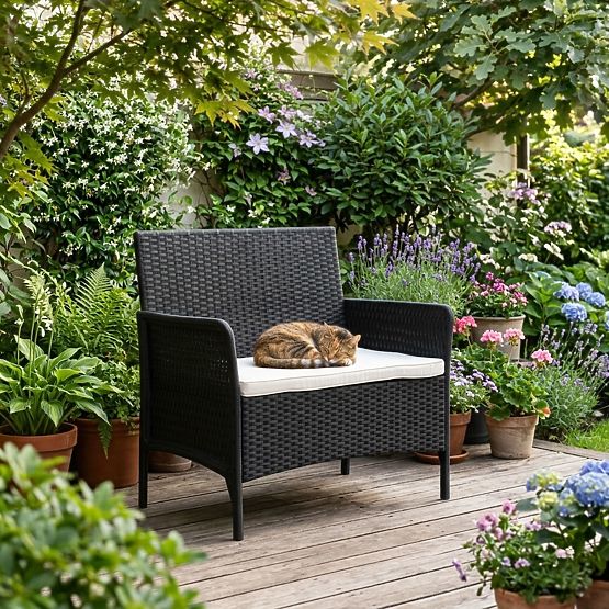 Ogrodowa sofa dwuosobowa z poduszką ławka na balkon taras ogród czarna MultiGarden