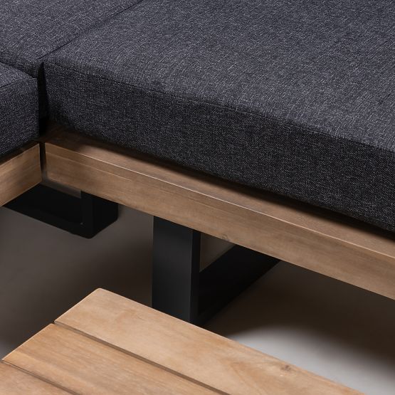 Ogrodowa sofa narożna ze stolikiem Borgo, drewno akacjowe FSC, wygląd teakowy, szara