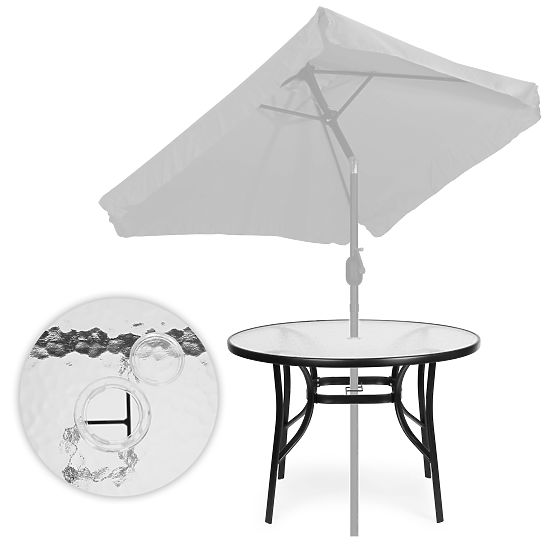 Okrągły stół ogrodowy 105 cm na taras, ogród, balkon, szkło hartowane, otwór na parasol MultiGarden