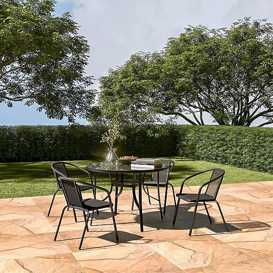 Okrągły stół ogrodowy 105 cm na taras, ogród, balkon, szkło hartowane, otwór na parasol MultiGarden