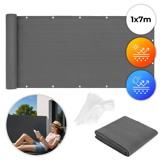 Osłona balkonowa z okuciami 100x700 cm siatka zacieniająca + elementy montażowe szara MultiGarden