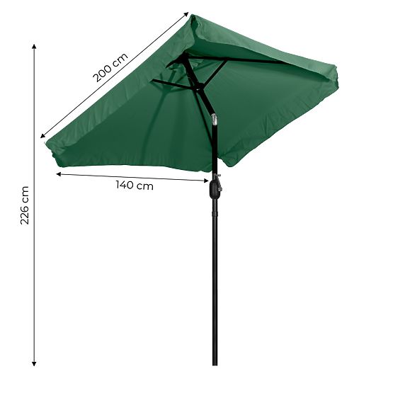 Prostokątny duży ogrodowy parasol uchylny z zieloną korbką 200 x 140 cm