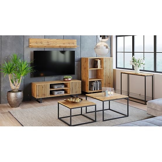 Regał szafa Fondi dąb craft złoty - czarny, dekor lamelowy