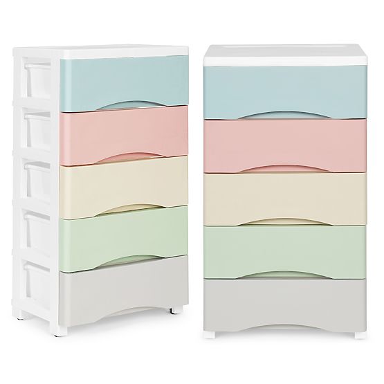 Regał z 5 wysuwanymi szufladami, nogi z kółkami, kolorowe szuflady ModernHome