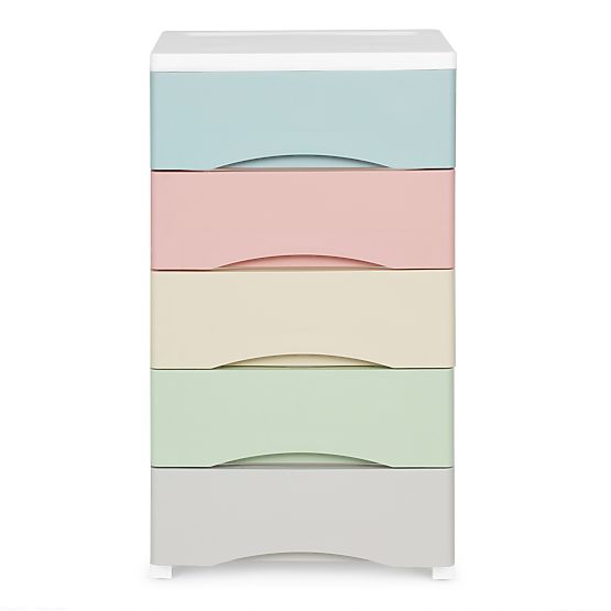 Regał z 5 wysuwanymi szufladami, nogi z kółkami, kolorowe szuflady ModernHome