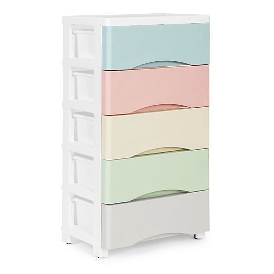 Regał z 5 wysuwanymi szufladami, nogi z kółkami, kolorowe szuflady ModernHome