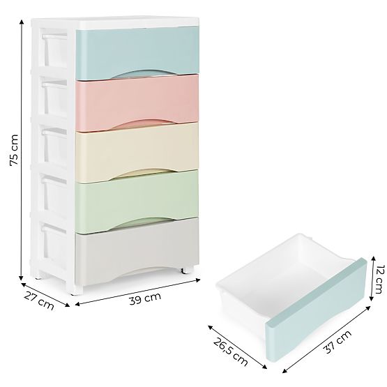 Regał z 5 wysuwanymi szufladami, nogi z kółkami, kolorowe szuflady ModernHome