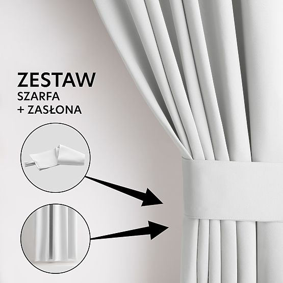RESTILO zasłona BLACKOUT kolor biały, szarfa do mocowania, styl klasyczny, srebrne przelotki, materi