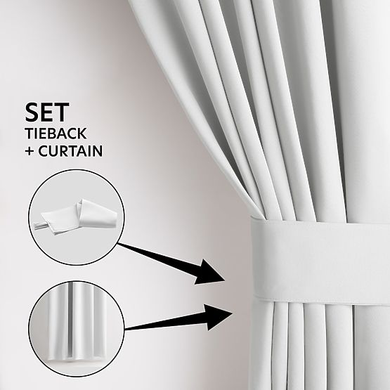 RESTILO zasłona BLACKOUT kolor biały, szarfa do mocowania, styl klasyczny, srebrne przelotki, materi