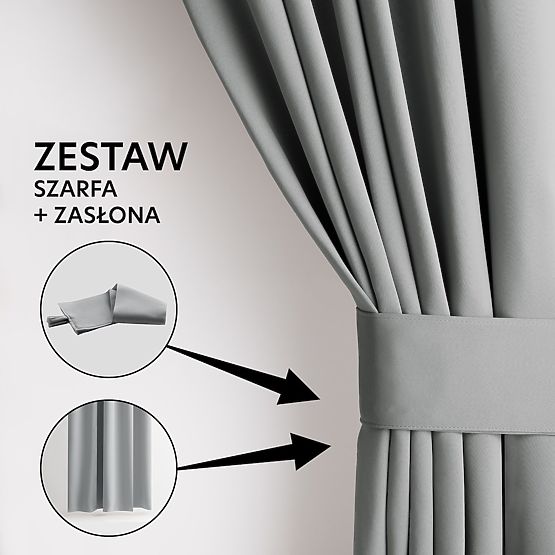 RESTILO zasłona BLACKOUT kolor szary, szarfa, styl klasyczny, srebrne przelotki, materiał blackout