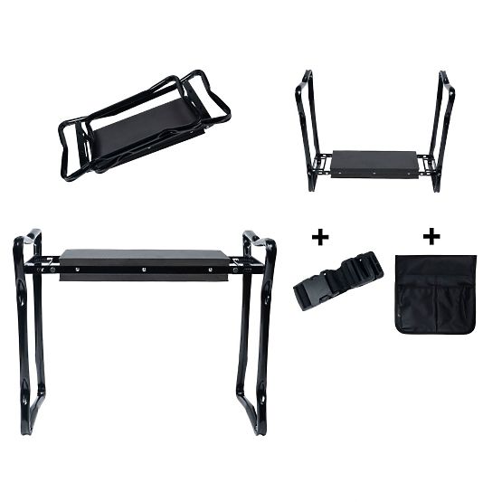 Składany stołek klęczący do pracy w ogrodzie z pasem na narzędzia i 2 organizerami