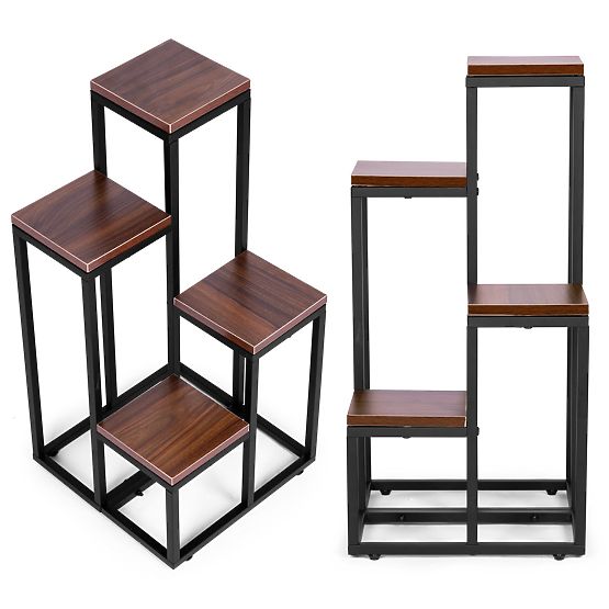 Stojak na kwiaty półki na kwiaty ozdoby 4 półki metal MDF ciemny orzech ModernHome