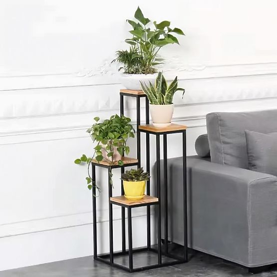 Stojak na kwiaty regał na kwiaty dekoracja 4 półki metal MDF jasny orzech ModernHome