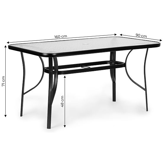 Stół ogrodowy 160x90 cm szkło hartowane duży blat na taras ogród otwór na parasol MultiGarden
