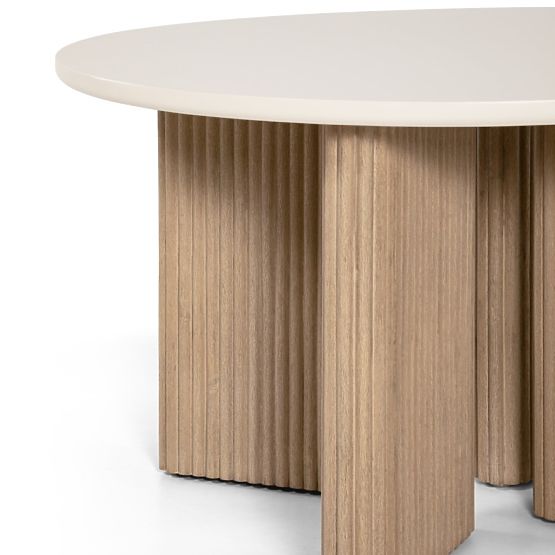 Stół ogrodowy Komorebi 130 cm z kamiennym blatem, jasne drewno akacjowe/jasny beżowy, okrągły, lamel