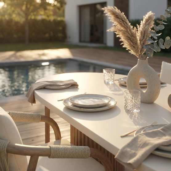 Stół ogrodowy Komorebi 270 cm z kamiennym blatem, jasne drewno akacjowe/jasny beż, owalny, lamele