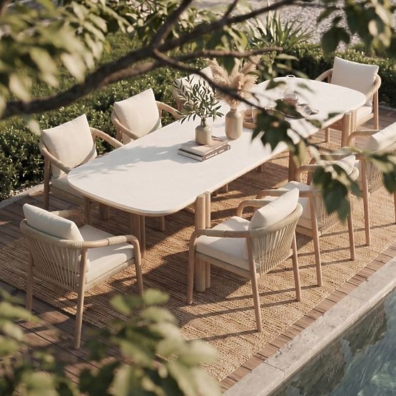 Stół ogrodowy Komorebi 280 cm z kamiennym blatem, jasne drewno akacjowe/jasny beżowy, prostokątny