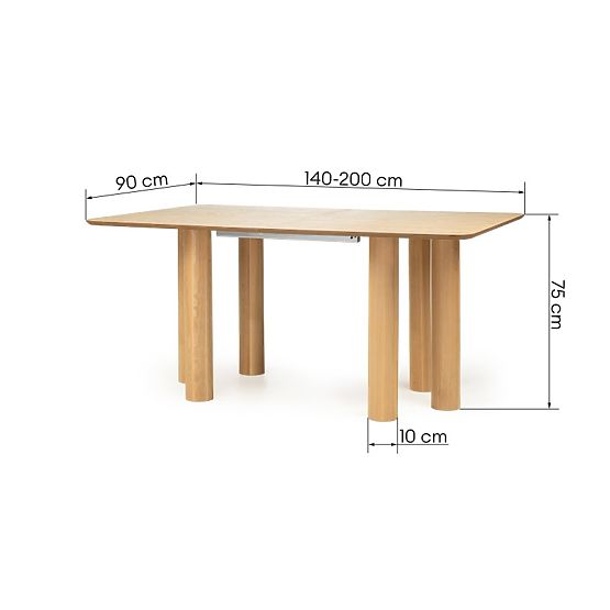 Stół rozkładany Loa 140-200 cm, fornir dębowy, naturalny, drewno bukowe, zaokrąglony