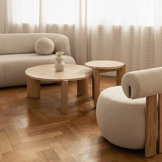 Stolik boczny Medley 50 cm, okrągły, trawertyn/jesion