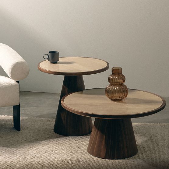 Stolik kawowy Kyoto 80 cm, okrągły, trawertyn/orzech