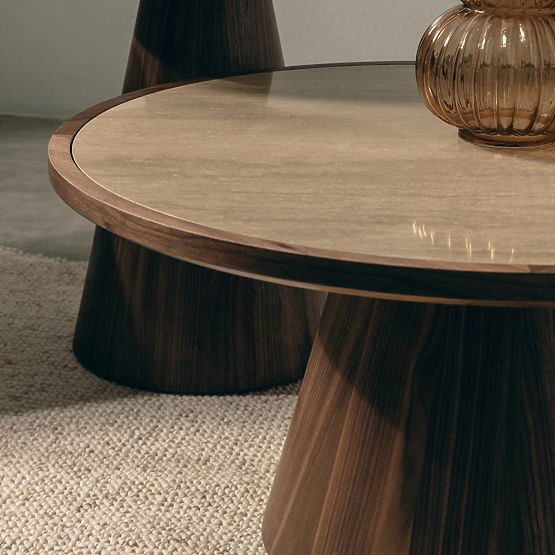 Stolik kawowy Kyoto 80 cm, okrągły, trawertyn/orzech