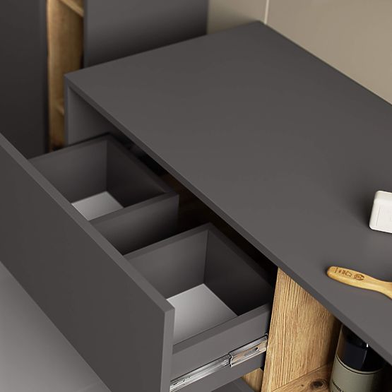 SZAFKA ŁAZIENKOWA POD UMYWALKĘ VAMI W 90 cm 2 SZUFLADY GRAFITOWY SZARY / DĄB ARTISAN