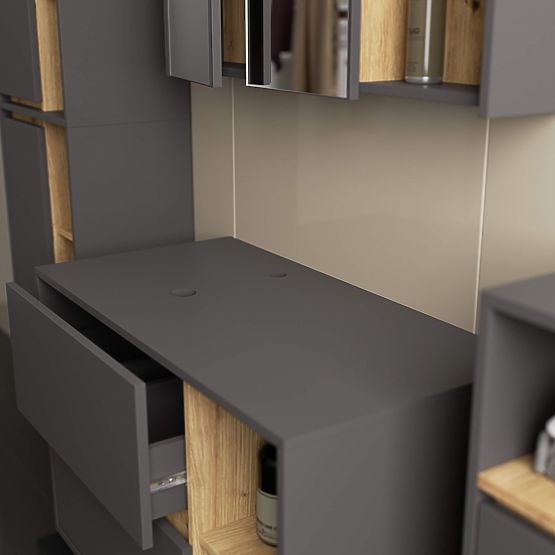 SZAFKA ŁAZIENKOWA POD UMYWALKĘ Z OTWORAMI VAMI W90 UM 2SZ 2P GRAFIT SZARY / DĄB ARTISAN