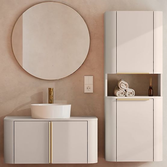 Szafka łazienkowa, słupek Bassa kaszmirowy, złote uchwyty, zaokrąglony
