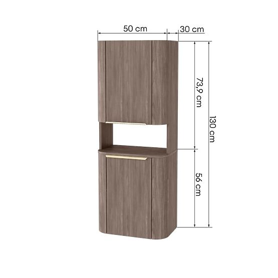 Szafka łazienkowa, słupek Bassa orzech lincoln, złote uchwyty, zaokrąglona