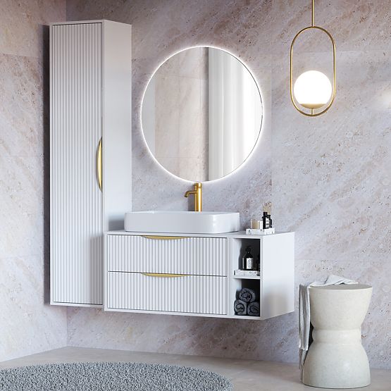 Szafka pod umywalkę nablatową Avila 2.0, 80 cm, żłobiona, złote uchwyty, biała