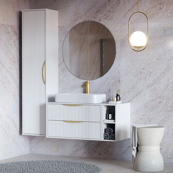 Szafka pod umywalkę nablatową Avila 2.0, 80 cm, żłobiona, złote uchwyty, biała