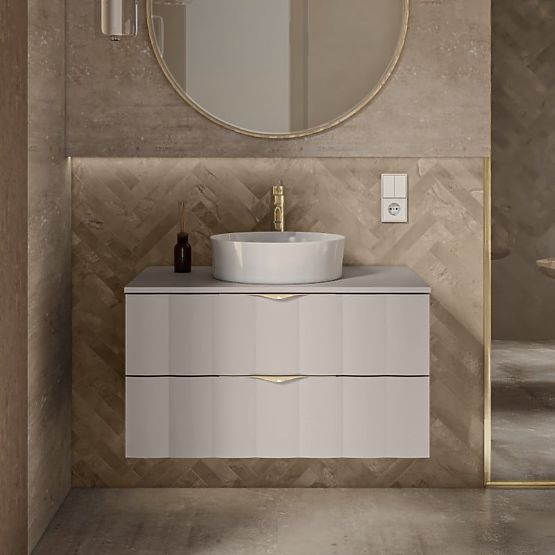 Szafka pod umywalkę nablatową Omi 80 cm, falisty panel przedni, złote uchwyty, kaszmirowy beż