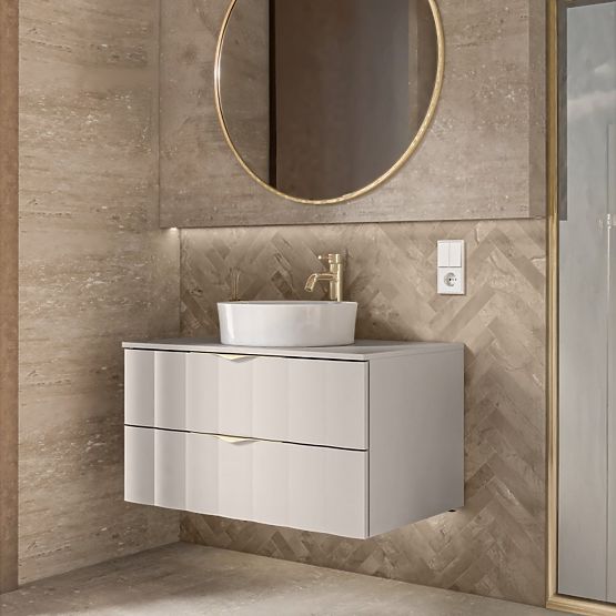 Szafka pod umywalkę nablatową Omi 80 cm, falisty panel przedni, złote uchwyty, kaszmirowy beż
