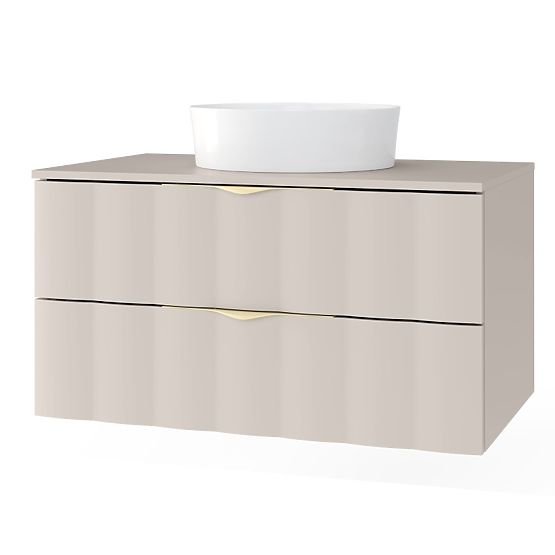 Szafka pod umywalkę nablatową Omi 80 cm, falisty panel przedni, złote uchwyty, kaszmirowy beż