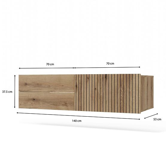 SZAFKA POD UMYWALKĘ TIGO 1D2S DĄB EVOKE 140 CM 2 SZUFLADY ŻŁOBIONY FRONT WISZĄCA