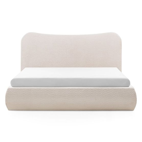 Tapicerowane łóżko Derry 140x200 cm, z rusztem i schowkiem, zaokrąglone, beżowe