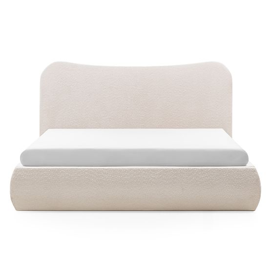 Tapicerowane łóżko Derry 140x200 cm, z rusztem i schowkiem, zaokrąglone, beżowe