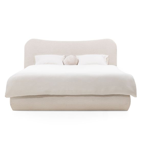 Tapicerowane łóżko Derry 160x200 cm, z stelażem i schowkiem, zaokrąglone, beżowe