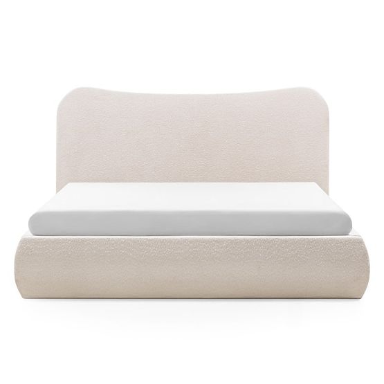 Tapicerowane łóżko Derry 160x200 cm, z stelażem i schowkiem, zaokrąglone, beżowe