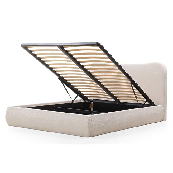 Tapicerowane łóżko Derry 160x200 cm, z stelażem i schowkiem, zaokrąglone, beżowe
