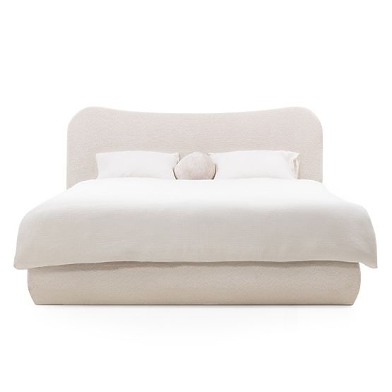 Tapicerowane łóżko Derry 160x200 cm, z stelażem i schowkiem, zaokrąglone, beżowe