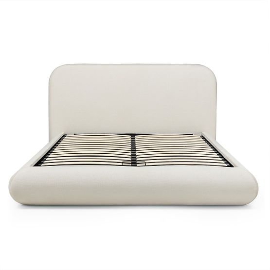 Tapicerowane łóżko Lumi 160x200 cm, z stelażem i schowkiem, zaokrąglone, jasnobeżowe