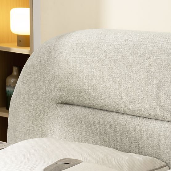 Tapicerowane łóżko Luno 160x200 cm, z stelażem i schowkiem, jasnobeżowe, zaokrąglone