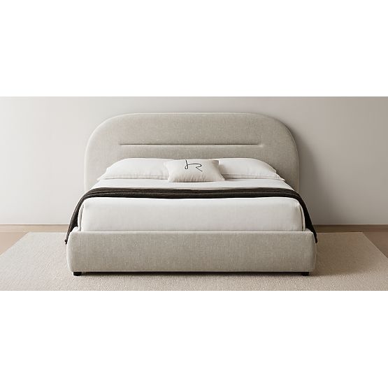 Tapicerowane łóżko Luno 160x200 cm, z stelażem i schowkiem, jasnobeżowe, zaokrąglone