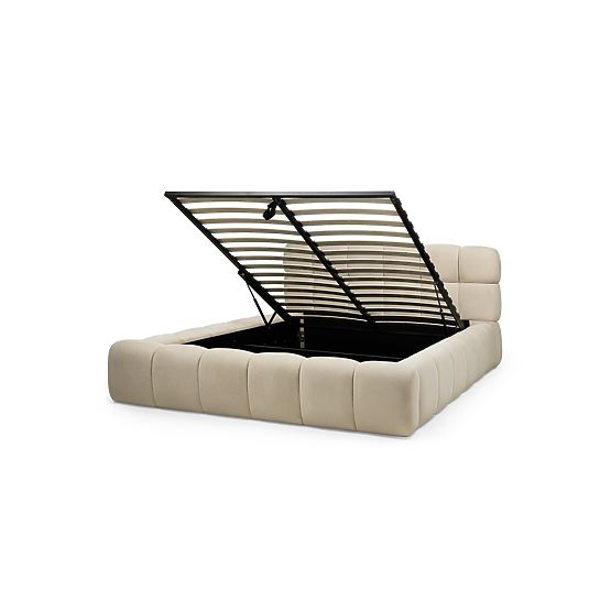 Tapicerowane łóżko Nexo 160x200 cm, z stelażem i schowkiem, jasnobeżowe, o zaokrąglonych kształtach